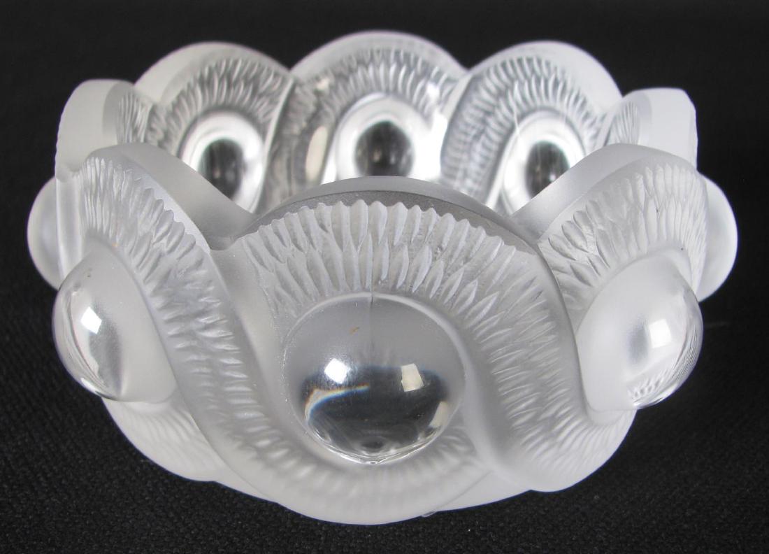 Lalique France 'Gao' Cendrier Bowl: Lalique France 'Gao' Cendrier Bowl, #330, circular form fashioned in intertwined snakes with large clear pearls between, scalloped edge design, signed on bottom "Lalique France", 4.5" diameter and 1.7