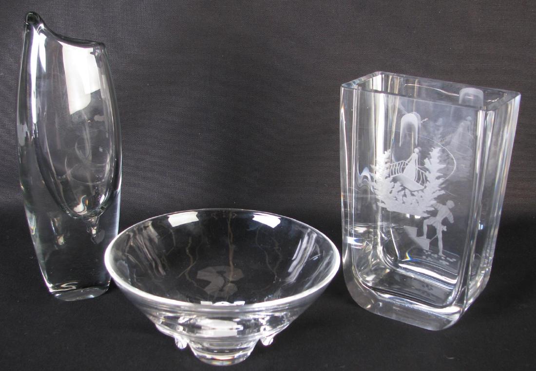 Group of Signed Crystal Vases and Bowl, Steuben: Group of Signed Crystal Vases and Bowl, Steuben, three total including: Orrefors 'Romeo and Juliet' vase, clear vase with etched and frosted scene from Romeo and Juliet on each side; Steuben clear foo