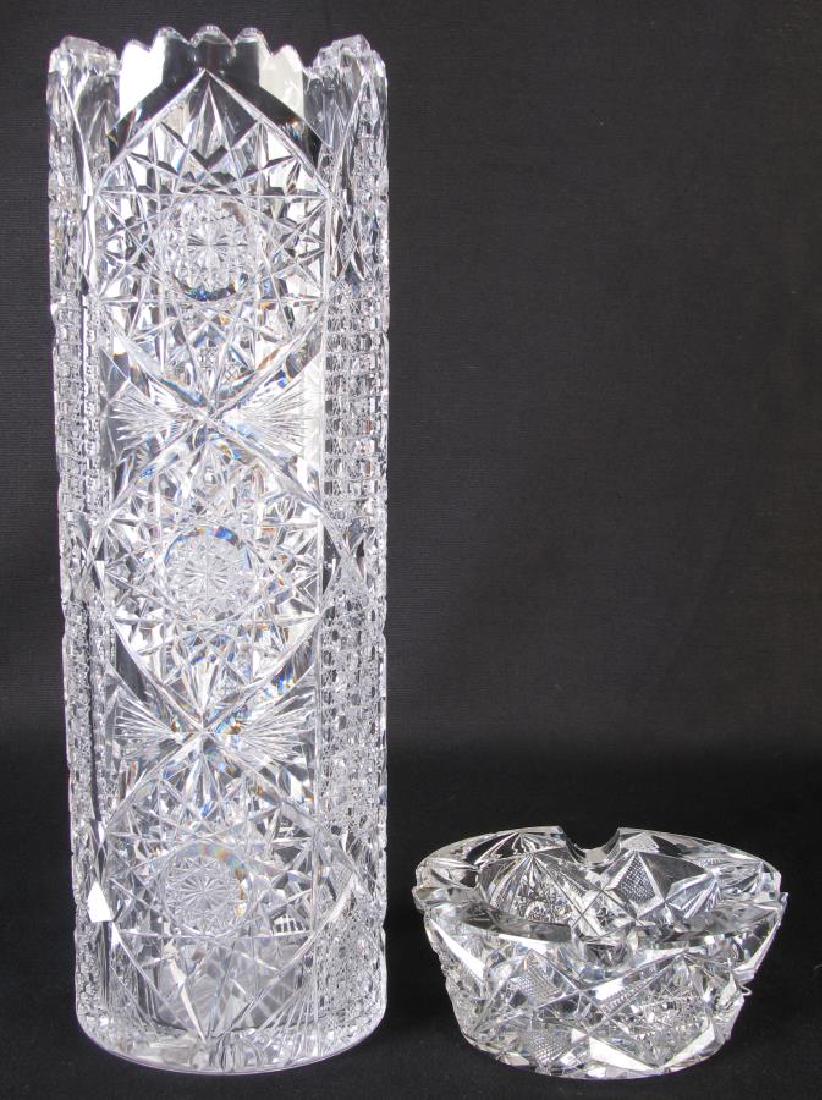 Cut Glass Vase and Ash Receiver: Cut Glass Vase and Ash Receiver, cylindrical form vase with fine starburst and fern decoration; ash receiver with starburst and fine cut diamond decoration; 2" and 12" high
