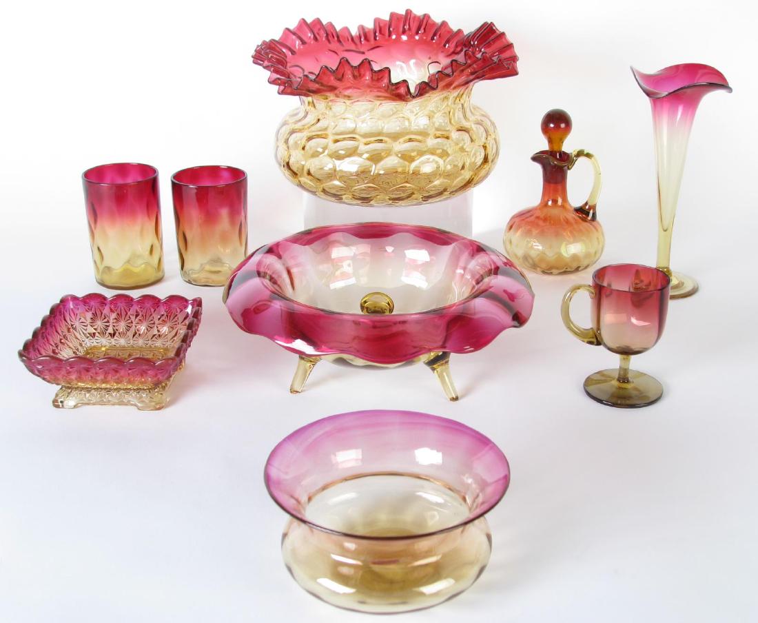 Collection of Amberina Glass: Collection of Amberina Glass, nine pieces including: Libbey footed bowl; round vase with coin spot decorated body and ruffled rim; two cups with diamond-optic decoration; tulip vase; square footed dis