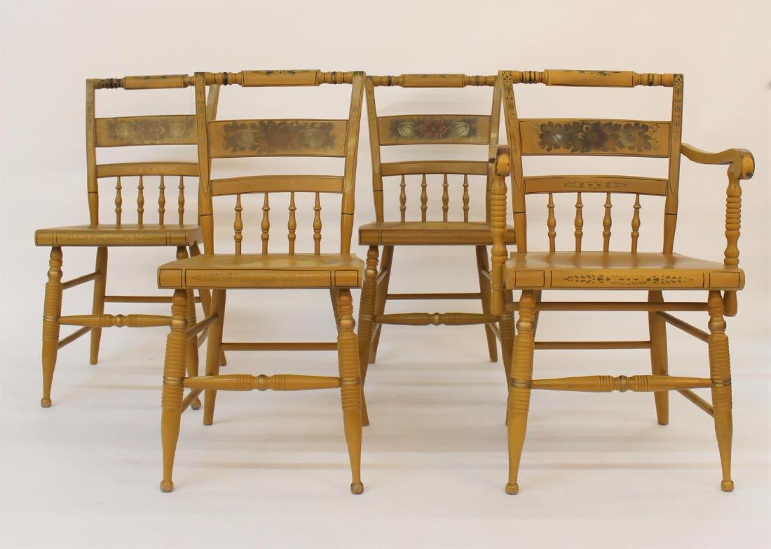 Four Nichols and Stone Hitchcock Style Chairs: A set of four Hitchcock style chairs by Nichols and Stone, one arm chair and three side chairs, mustard paint with traditional decoration, good condition