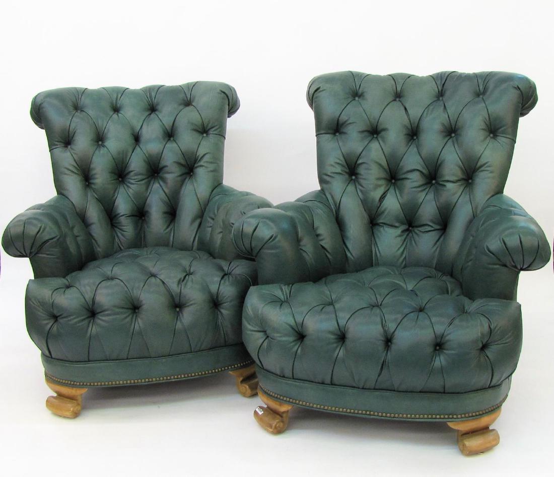 Pair of Green Leather Arm Chairs (1 of 1)