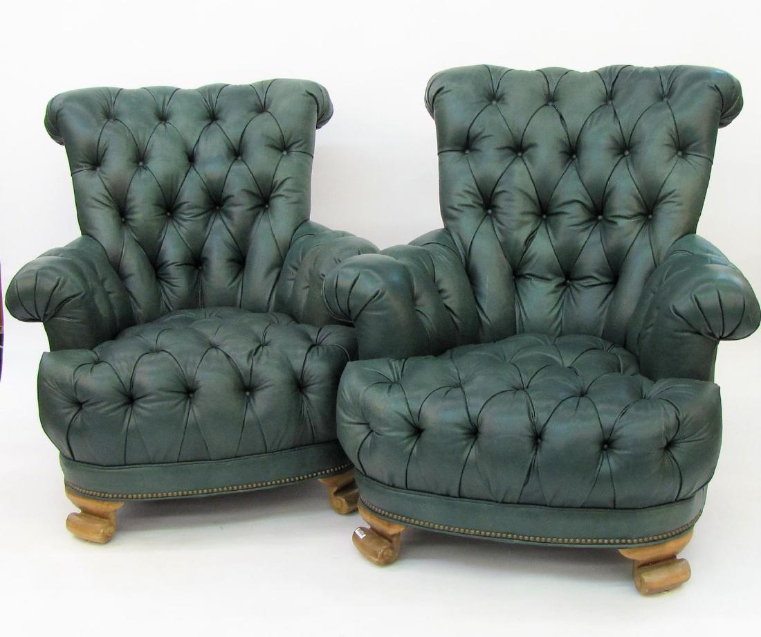 Pair of Green Leather Arm Chairs (1 of 1)