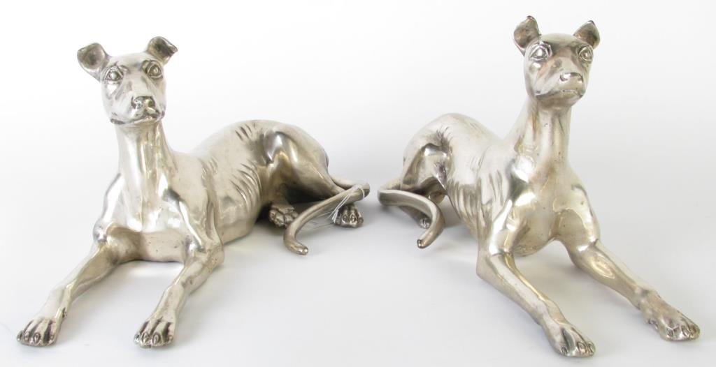 Silverplate Greyhounds Pair: A pair of silverplate-on-copper reclining greyhounds, signed on leg "P. Riley", 15"l