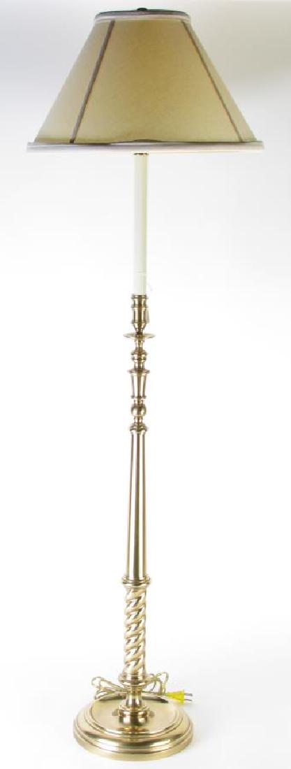 Brass Floor Lamp: A brass floor lamp with rope-twist motif base, candlestick style fixture, with fabric shade, 52"h
