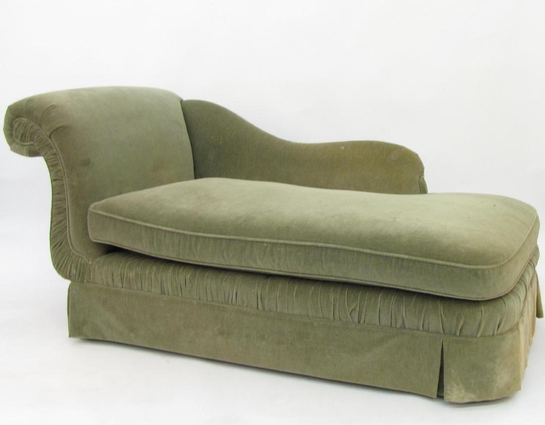 Century Chaise Lounger: An upholstered chaise lounge by Century Furniture, green, 65"l x 35"w (needs cleaned)