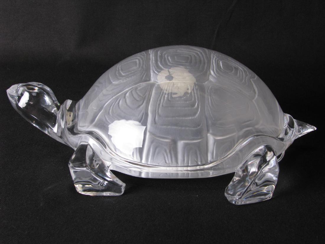 Daum France Crystal Turtle: Daum France Crystal Turtle, having a clear body and frosted shell, signed on foot "Daum France", 12" x 9" x 4" tall
