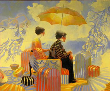 Keith Lindberg 60x72 O/C Two Women, Umbrella: Keith Lindberg (American, b 1938) 60x72 , O/C , signed lower right , Two Women, Umbrella , Depicting: Two women in the sun, under umbrella