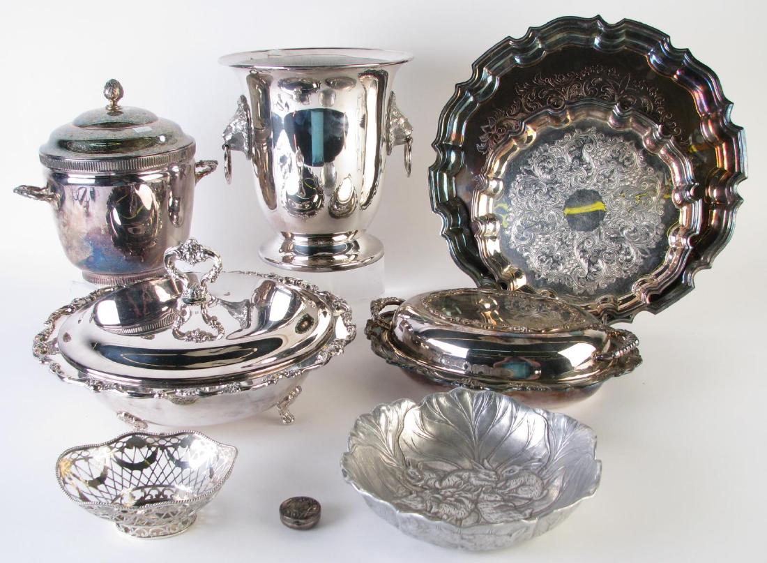 Group of Assorted Sterling and Silverplate: Group of Assorted Sterling and Silverplate, nine total including: Danish sterling pierced basket dated 1872 (missing handle); round sterling pill box; seven pieces of silverplate including: two round 