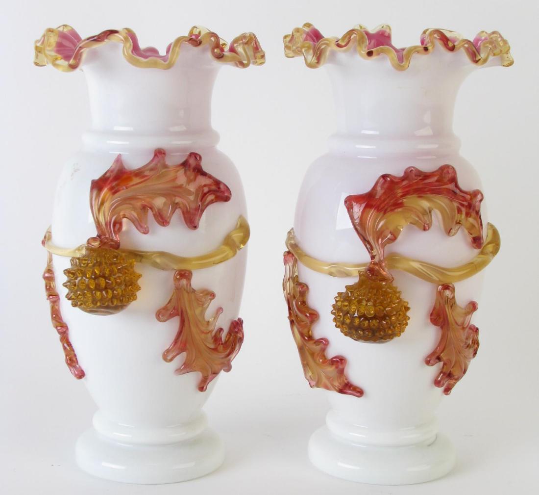 Pair of Vintage Cased Glass Vases: Pair of Vintage Cased Glass Vases, white glass exterior with peach blow interior, applied amber burr oak acorn and leaf decoration, ground pontil, scalloped rim, 10" high