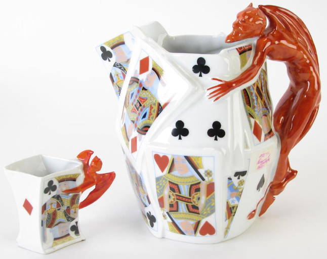 Royal Bayreuth Devil And Cards Pitcher And Cup