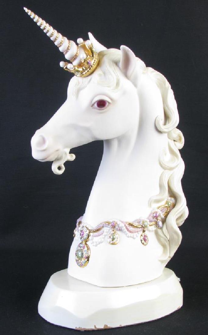 Cybis "Prince Brocade" Porcelain Unicorn: Cybis "Prince Brocade" Porcelain Unicorn, by Cybis sculptor Lynn Brown at Cybis Art Studio in Trenton, New Jersey, limited edition numbered 53/500, depicting a unicorn with shell horn and crown, on pa