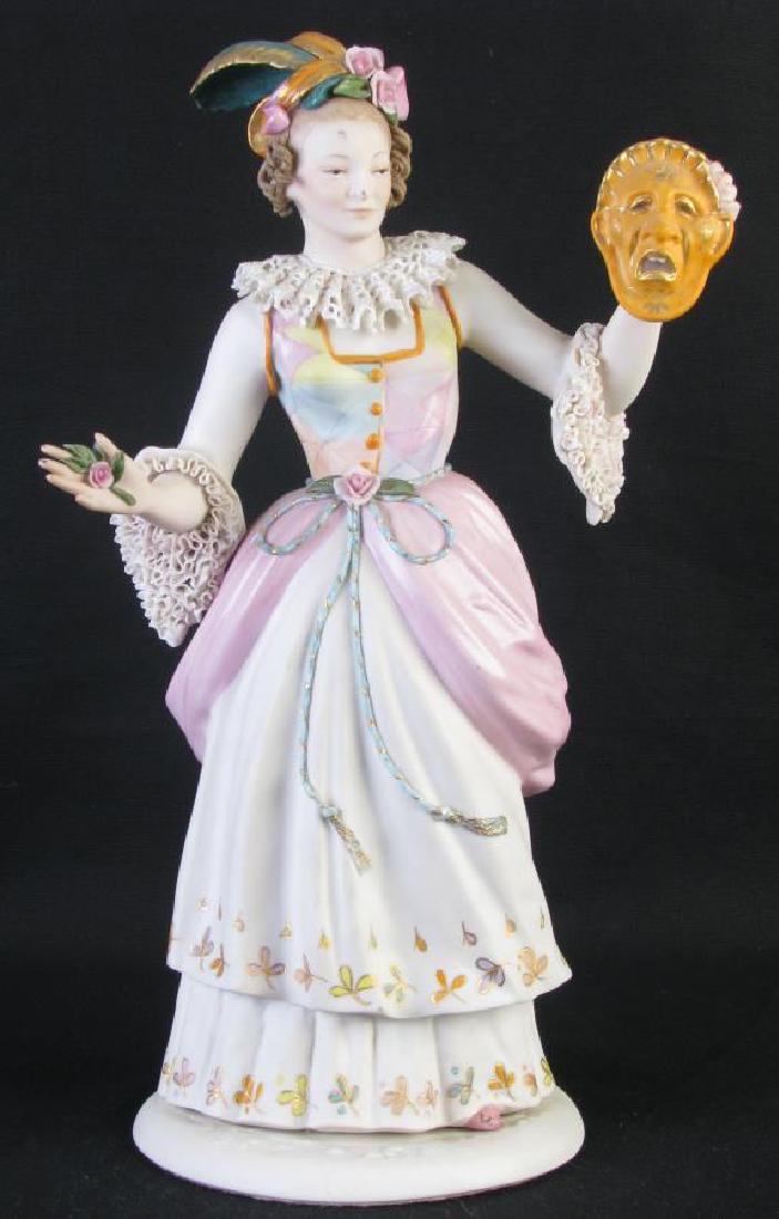 Cybis Porcelain "Columbine" Figure: Cybis Porcelain "Columbine" Figure, depicting a female figure holding a mask, issued in 1981, limited edition numbered "46/500" on base, 14.25" high