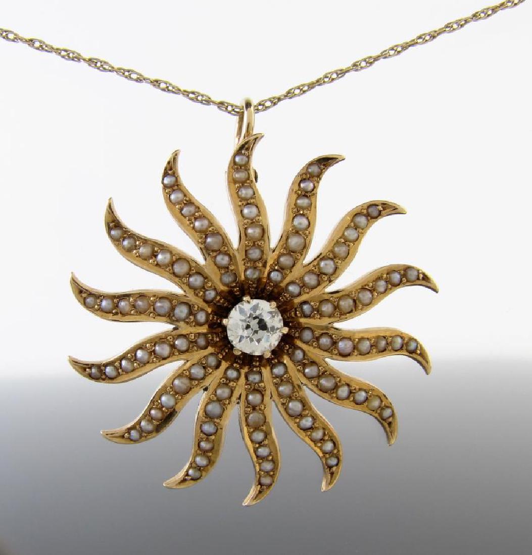 14K Yellow Gold Diamond, Pearl Sunburst Pendant (1 of 1)