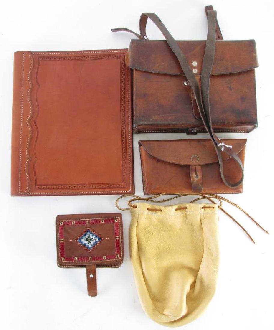 Group of Leather Goods: Group of Leather Goods, five total including: A. Brunner, Sattler Eischoll stiff leather satchel with strap; Fruet, Zurich Swiss Army stiff leather satchel, dated "1967"; stiff leather satchel with gl