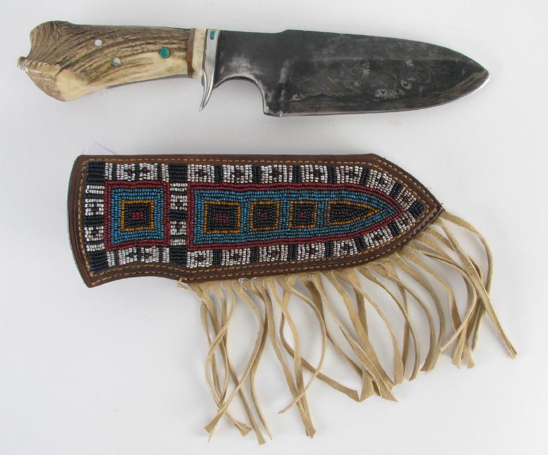 Antler Handled Hunting Knife with Beaded Sheath (1 of 9)