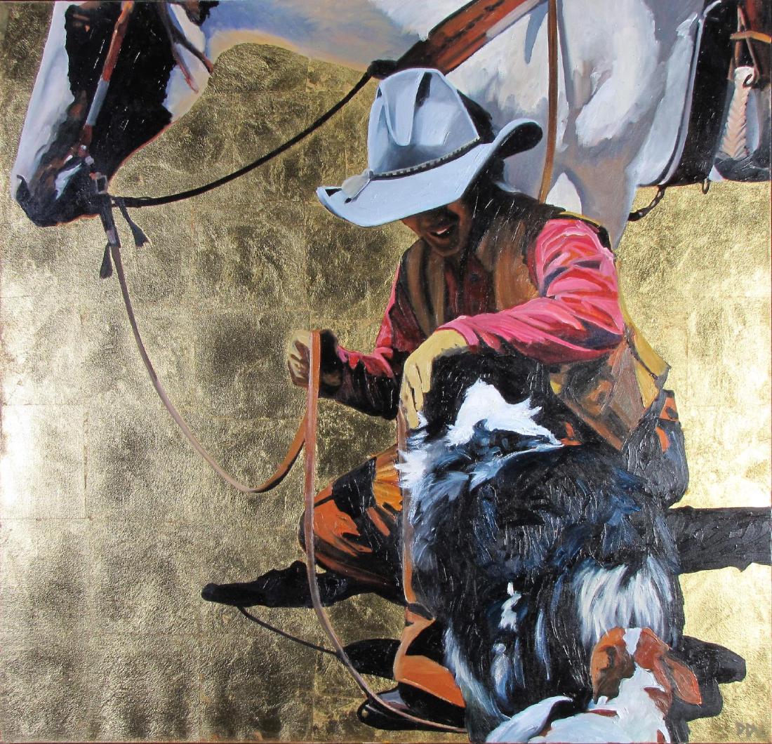 David DeVary 36x36 Oil/Goldleaf/Canvas "Ginny & Co (1 of 2)