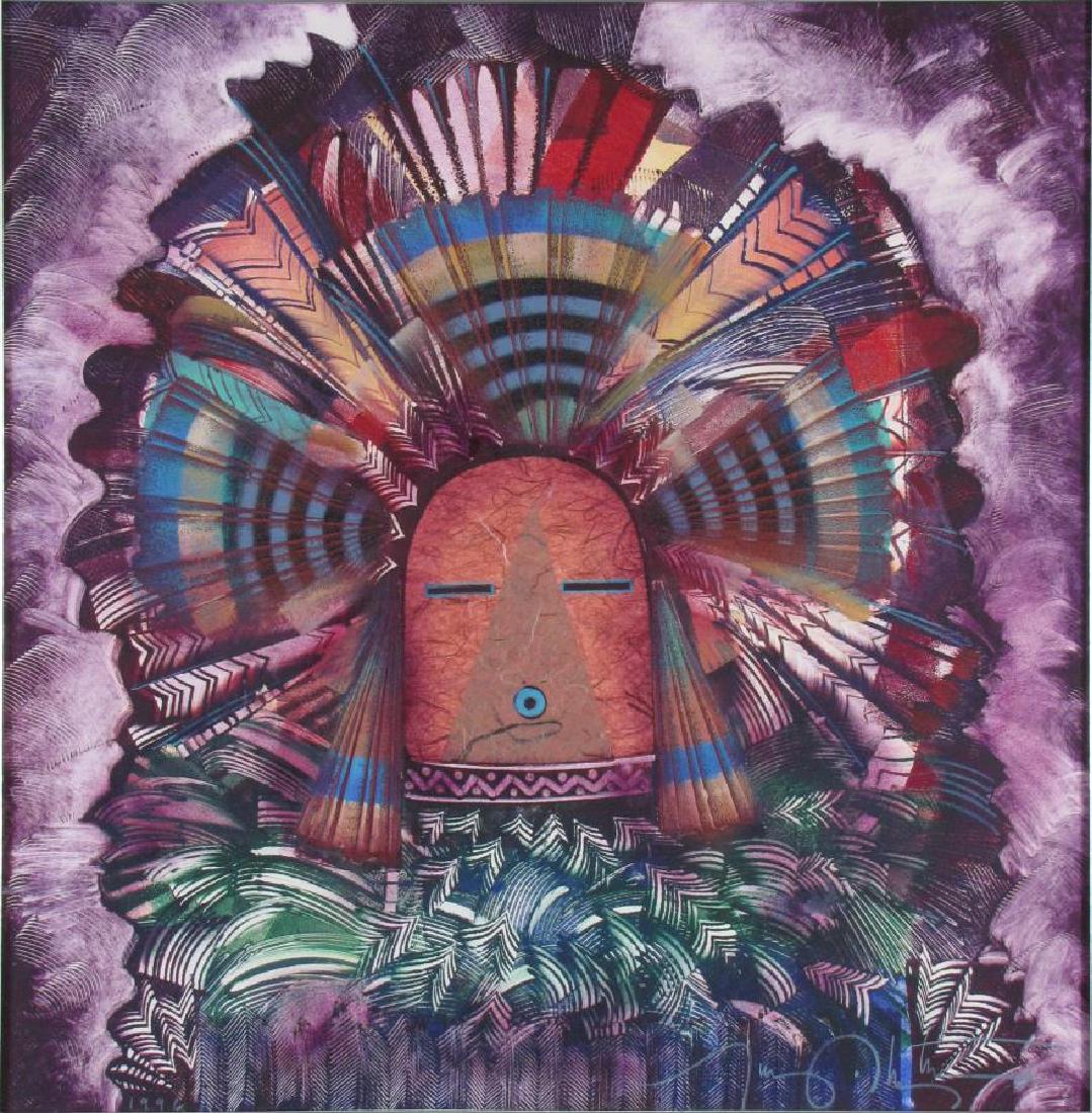 Tony Abeyta 26x26 MixedMed Yei Portrait: Tony Abeyta (NM, b 1965) 26x26 , MixedMed , signed lower right, 1996 , Yei Portrait , Depicting: figure in ceremonial headdress purchased 2010 for $3,400, at Turquoise Tortoise Gallery, Sedona, AZ
