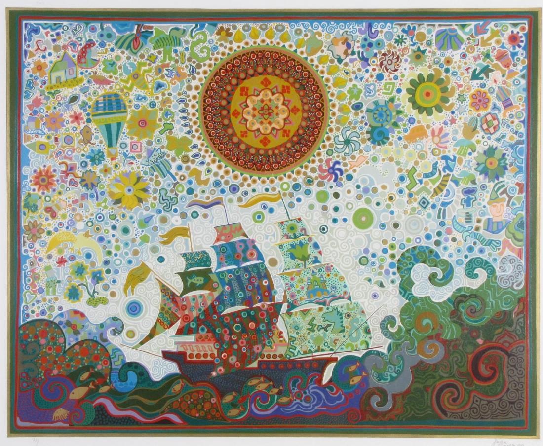 Juan Romero Limited Edition Serigraph: A limited edition serigraph by Juan Romero Fernandez(Spain, 1932-1996), "The Joyous Boat", signed, titled and numbered 76/300 lower margin, dated 1980, sight size 25.5 x 32, as framed 38.5 x 43 (crack