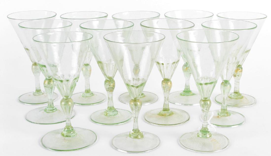Set of Twelve Murano Green Dessert Wine Glasses: Set of Twelve Murano Green Dessert Wine Glasses, green glass with gold flake decoration, round bases, fluted cups, 5.75" high