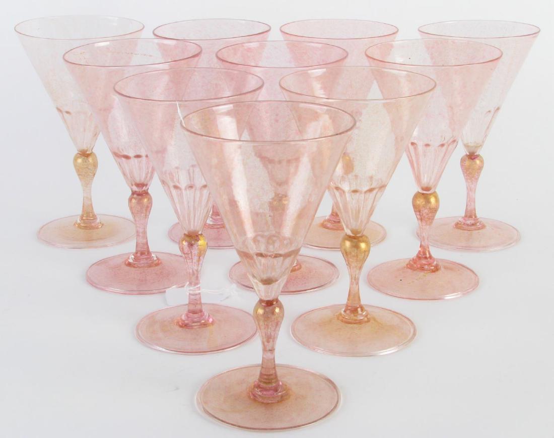 Set of Ten Murano Rose Wine Glasses: Set of Ten Murano Rose Wine Glasses, rose colored red wine glasses with gold flake decoration throughout, flared cups with round bases; 6.5" high