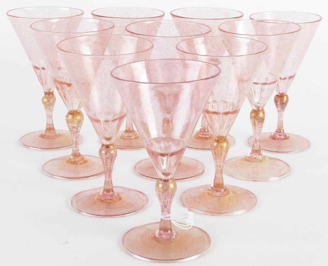 Set of Ten Murano Rose Wine Glasses: Set of Ten Murano Rose Wine Glasses, rose colored white wine glasses with gold flake decoration throughout, flared cups with round bases; 5.75" high