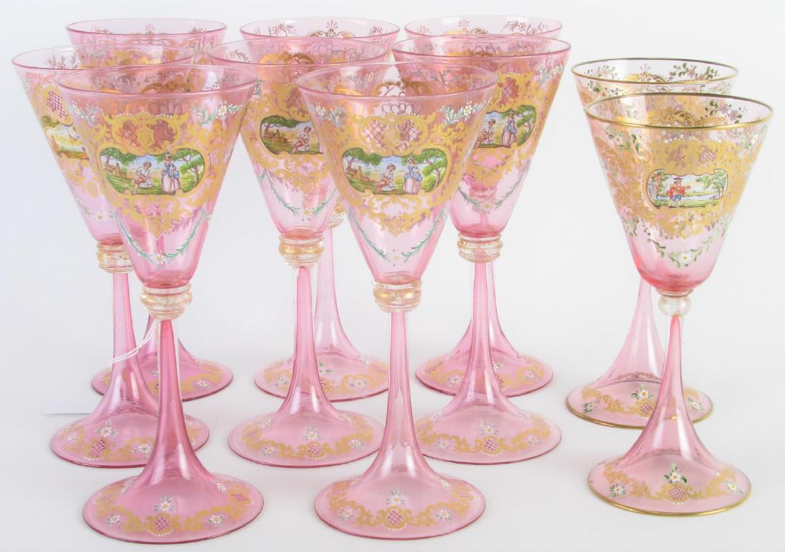 Group of Venetian Hand Painted Stemware: Group of Venetian Hand Painted Stemware, ten total including: eight red wine glasses with hand painted romance scenes and gold puti decoration; two white wine glasses with hand painted romance scenes 