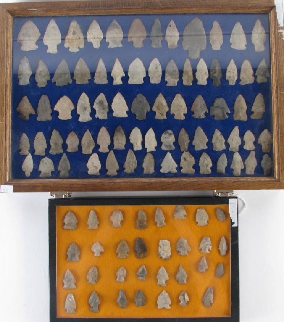 Collection of found "Starved Rock" Arrowheads: Collection of found "Starved Rock" Arrowheads, 101 total in various sizes and forms, 70 in wooden hinged glass top display and 31 in simple display, found and collected from Starved Rock Site, La Sall