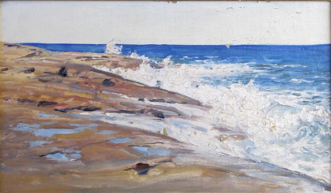 Anna Richards Brewster 8x12.5 O/B Pigeon Cove: Anna Richards Brewster (Amer) 1870-1952 8x12.5 , O/B , Pigeon Cove , Depicting: Crashing Waves "Surf @ Pigeon Cove, Mass. 1906", title verso, paint loss upper mid-right in sky, woven matt, size as fra