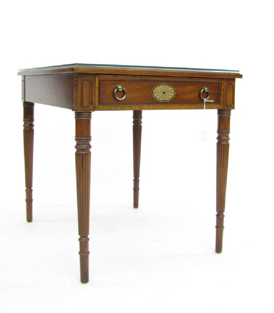 National Mt. Airy Mahogany End Table: A National Mt. Airy glass top end table with one drawer, mahogany with banded border on top, decorative medallion on drawer front, fluted, tapered legs, with protective glass top, 27" x 23" x 25" high