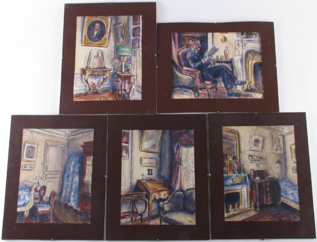 Set of Five, Vintage Watercolors, Interior Scenes: Set of Five, Vintage (ca 1920s) , Watercolors, , Interior Scenes all presented in mat only, each is initialed (BLM? LBM?, monogram), all dated '20 (ca 1920), all approximately 8x11 sheet size