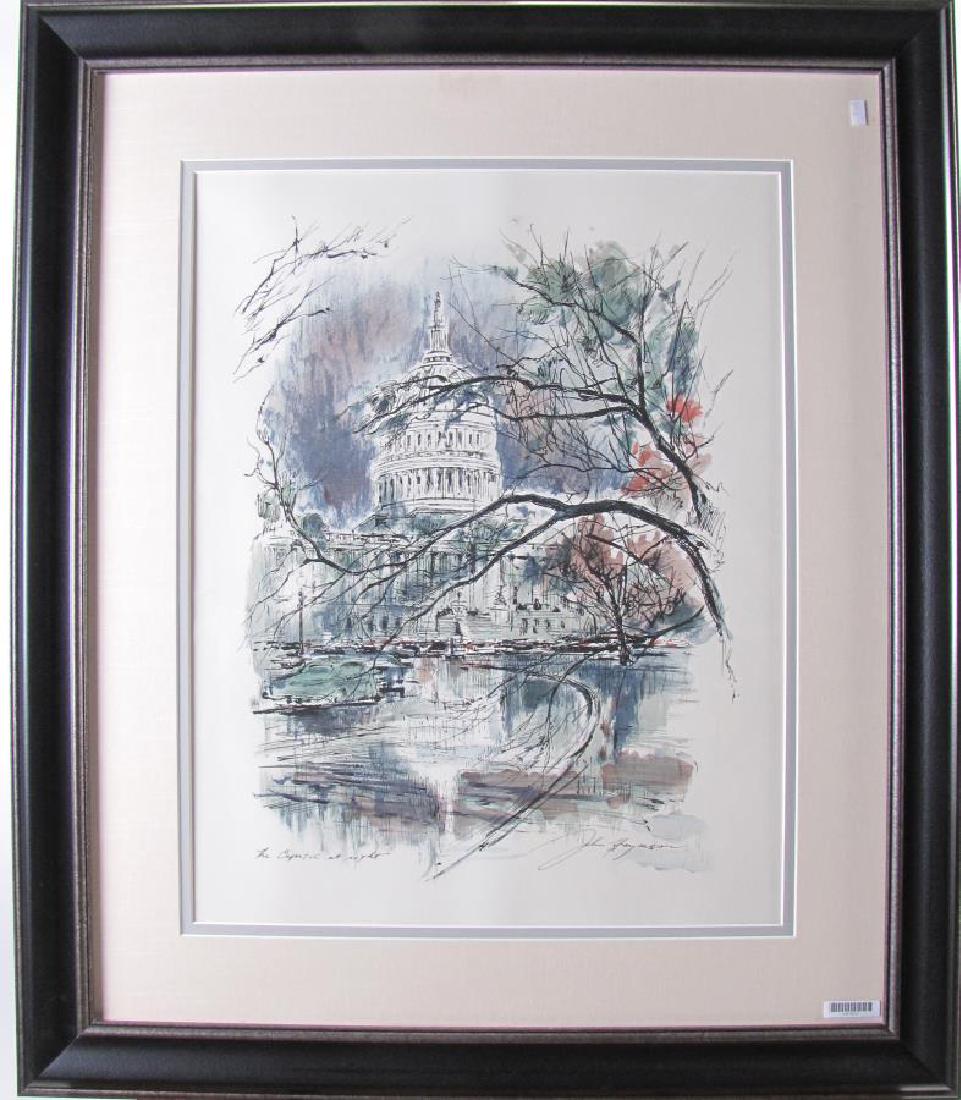 John Haymson 23" x 18" Watercolor/Ink The Capitol: John Haymson (American, 1903-1980) 23" x 18" , Watercolor/Ink , SLR , The Capitol at Night , Depicting: U.S. Capitol at Night image size 23" x 18", size as framed 34" x 29", titled lower left
