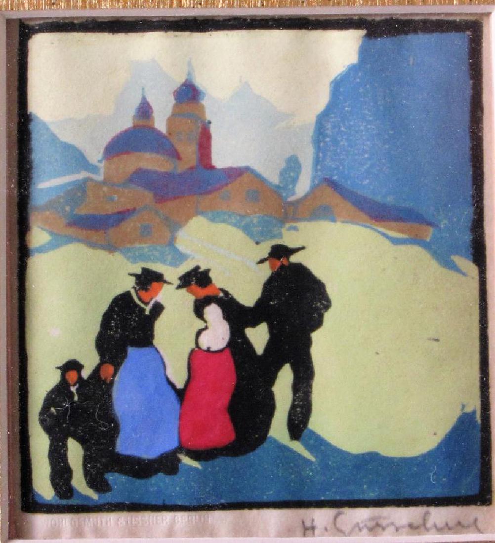 Herbert Gurschner Color Woodcut, "The Chat": Herbert Gurschner (Austria,1901 - 1975) , 3.5 x 3.25 color woodblock print, depicting figures, entitled "The Chat" , as framed 11.5 x 11.25