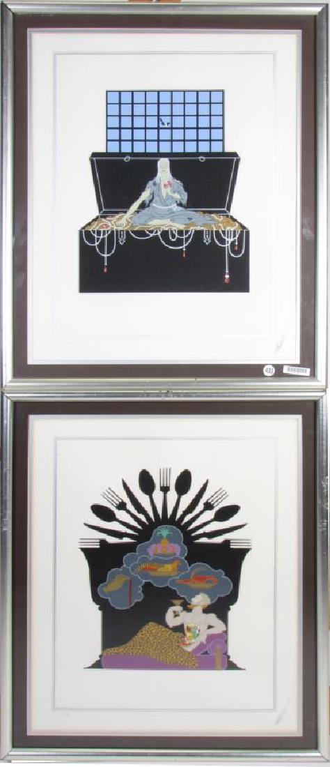Pair of Erte Serigraphs, Ltd Ed, Seven Deadly Sins: Two, color serigraphs by Erte, "Gluttony" and "Avarice", from the Seven Deadly Sins series, 1983 both signed lower right and numbered lower left, both from an edition of 350, each size as framed 27 x