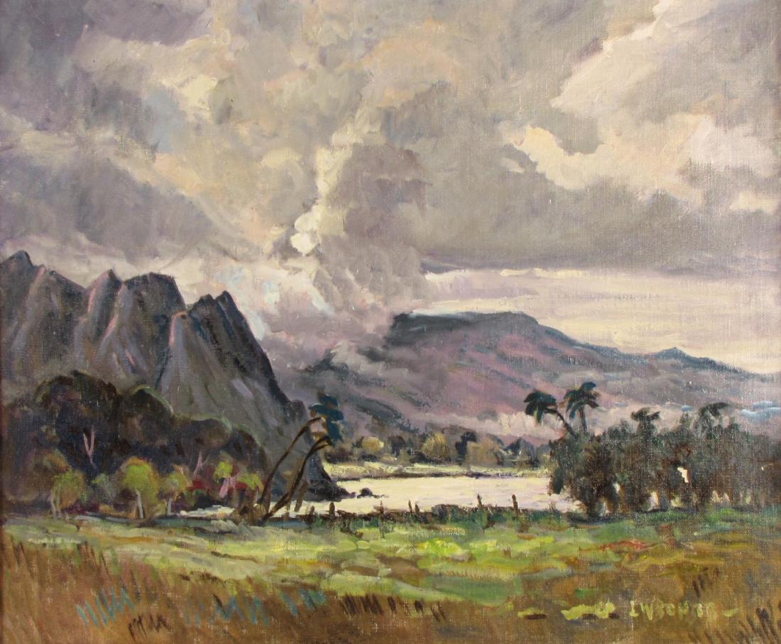 Louis W Bonsib 20x24 O/C "Storm Cloud, Hawaii": Louis W Bonsib (IN, 1892-1979) 20x24 , O/C , signed lower right , "Storm Cloud, Hawaii" , Titled: Artist's tag attached verso Condition: paint chip lower right trees HS Inv # 910234