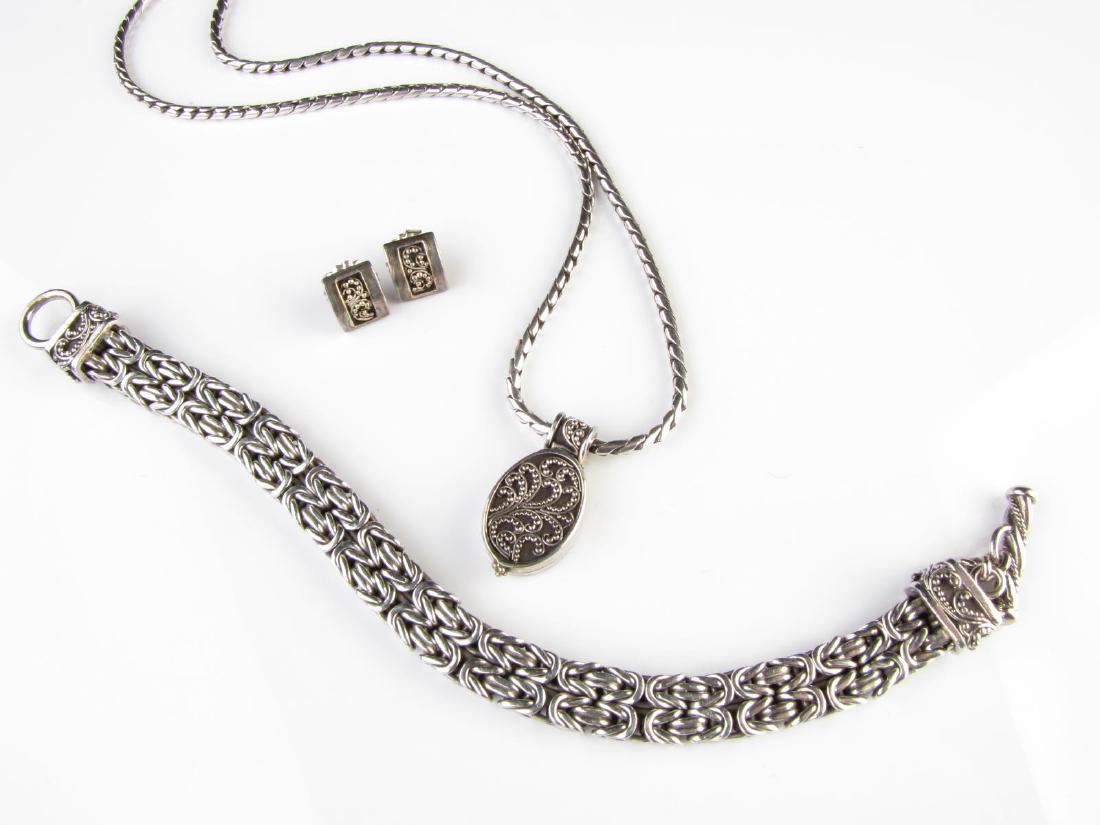 Lois Hill Sterling Bracelet, Necklace, Earrings: A Lois Hill sterling silver jewelry suite including a bracelet, necklace and a pair of earrings