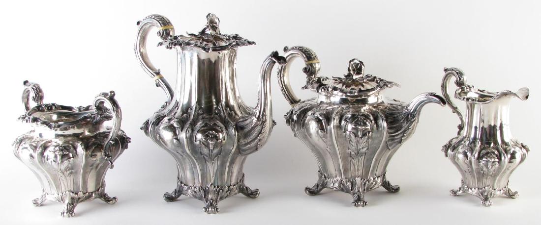 Antique English Sterling Coffee and Tea Service: Antique English Sterling Coffee and Tea Service, John and Henry Lias silversmiths dated 1839, includes coffee pot, teapot, cream and sugar, all with chased and applied floral decoration, monogrammed, 
