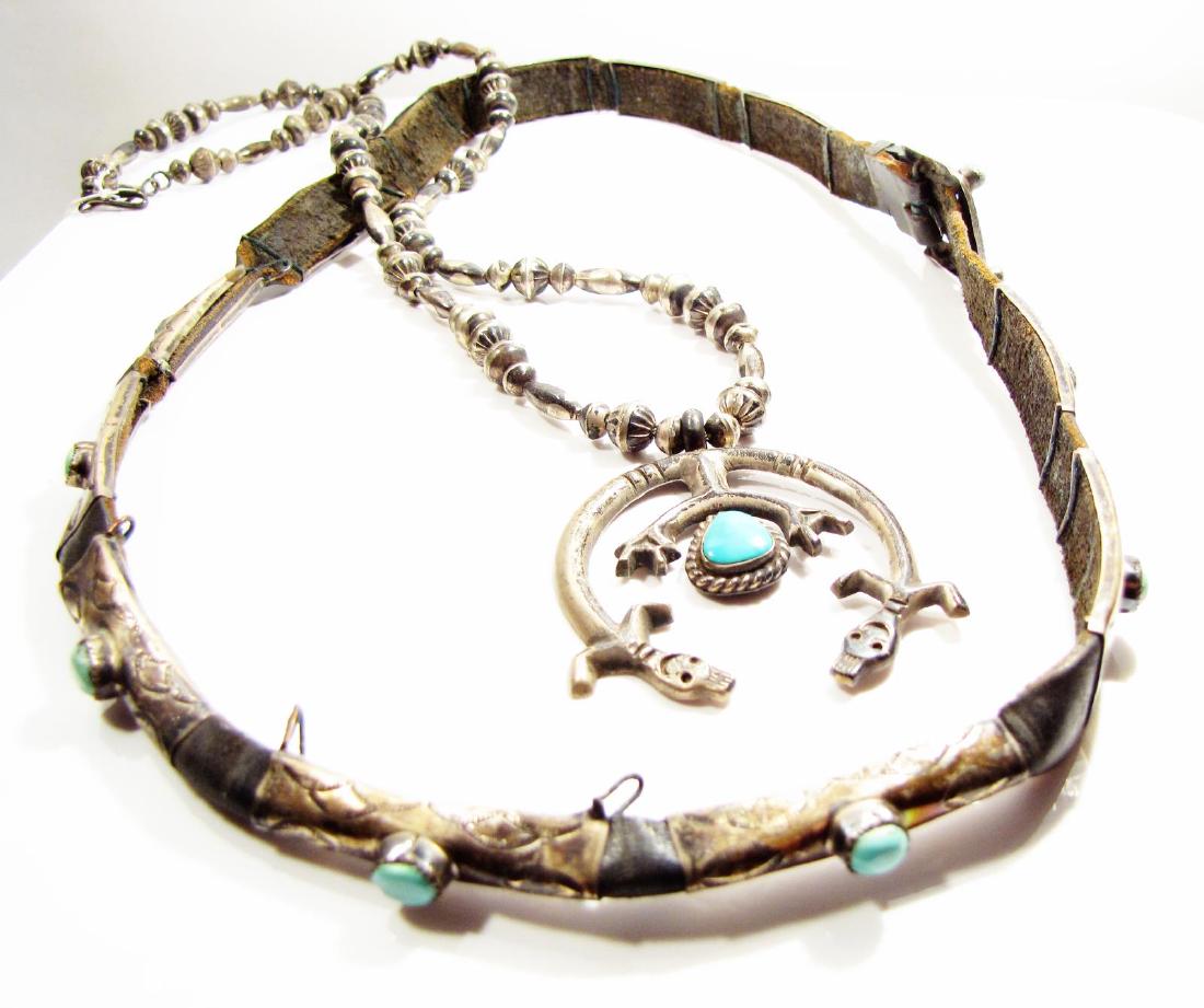 Old Pawn Native American Hatband, Naja Necklace: Two items, Native American silver 'old pawn' leather hat band with silver conchos having cabochon turquoise buttons (approx 22", some adjustment), condition: 6 conchos bent; selling with a silver stam