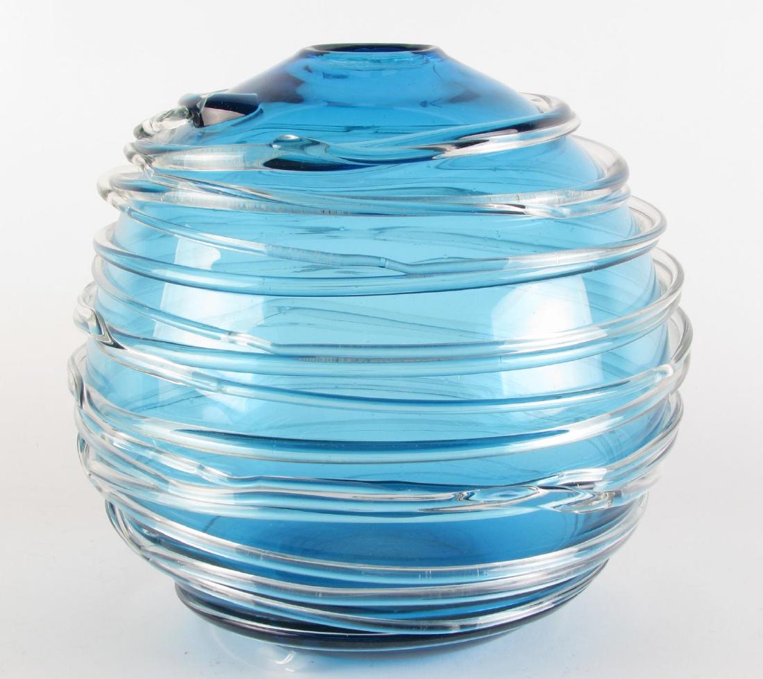 William Yeoward modern glass centerpiece vase: William Yeoward modern glass centerpiece Vase, spherical blue glass vase, rimless with applied clear glass banding, signed on bottom "William Yeoward", 10" in diameter and 9.5" high