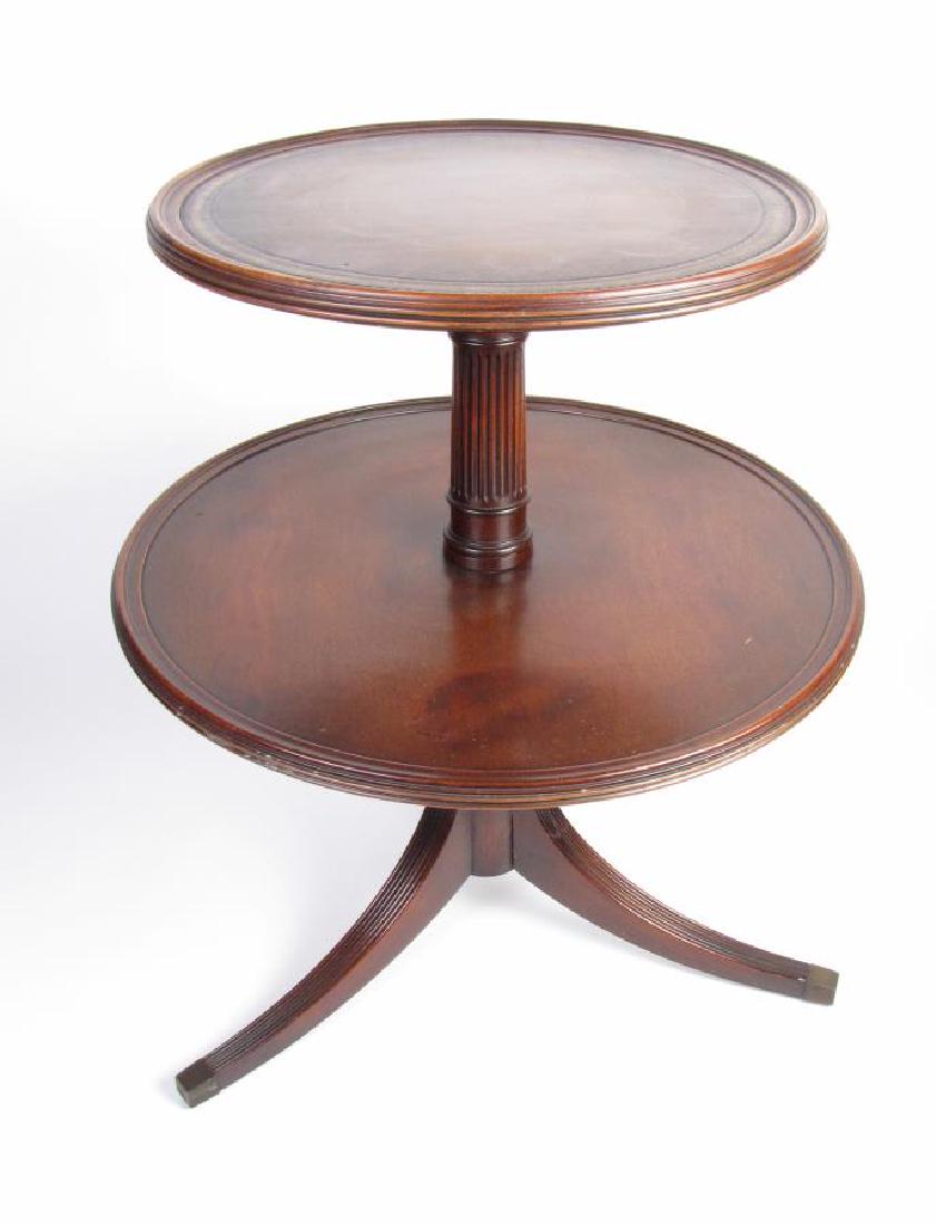 Mahogany Duncan Phyfe Style Tea Table: A vintage mahogany, Duncan Phyfe style tea table, with tooled leather insert top, 26"dia x 31"h