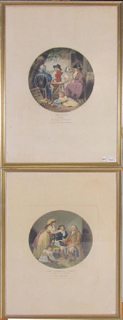 Pair of English Antique Engravings, Morland: A pair of stipple engravings, "The Visit Returned in the Country", and "the Farmer's Visit to his Married Daughter in Town", both after the original paintings by George Morland (1763-1804), engraved b