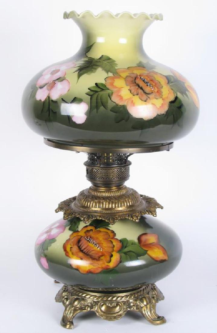 Gone With The Wind Lamp: Gone With The Wind Lamp, cast metal lamp with floral decorated glass body, matching glass shade with scalloped rim, electrified, 24" high