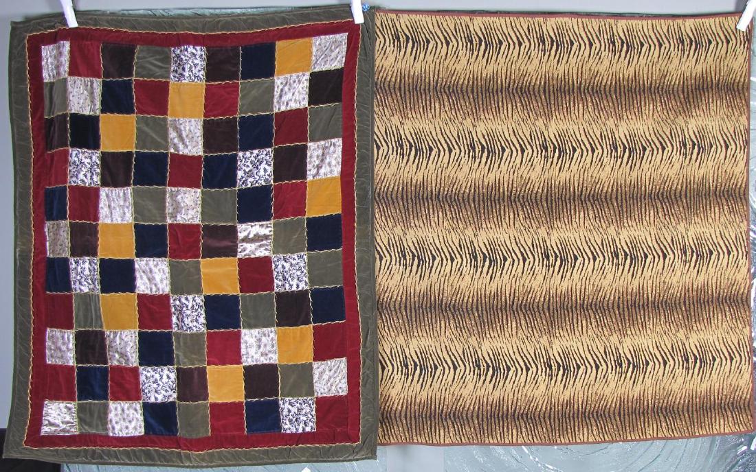 Patchwork Quilt, Throw: A patchwork quilt 58 x 49, and a tiger print throw 56 x 54 inches