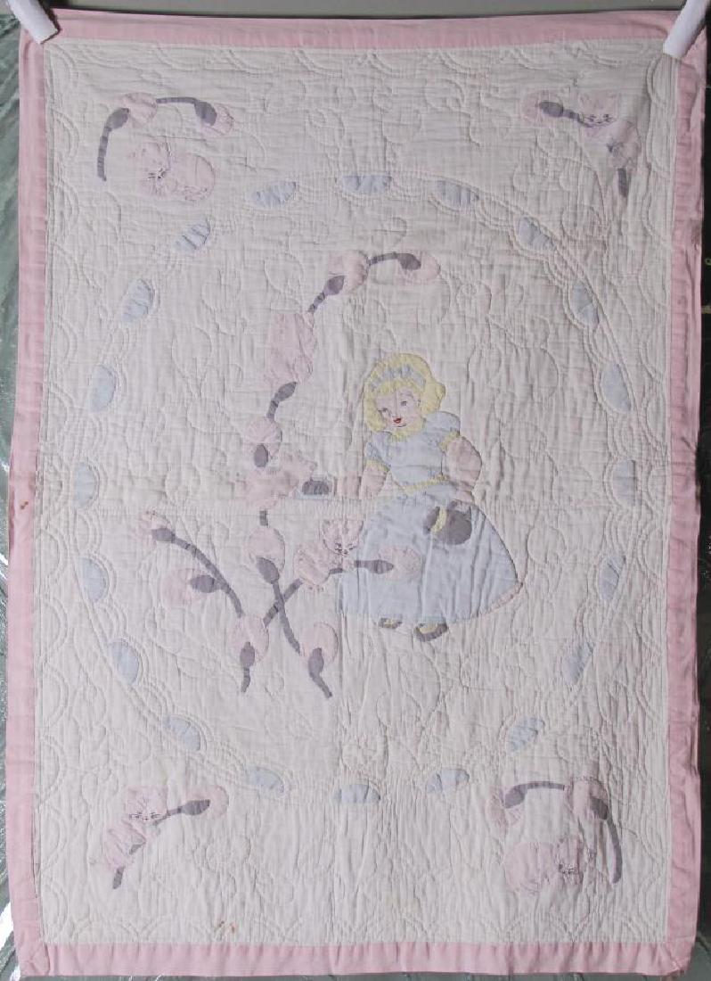 Vintage Handmade Pattern Crib Quilt: Vintage Handmade Pattern Crib quilt, little girl and kittens, 48 x 35"