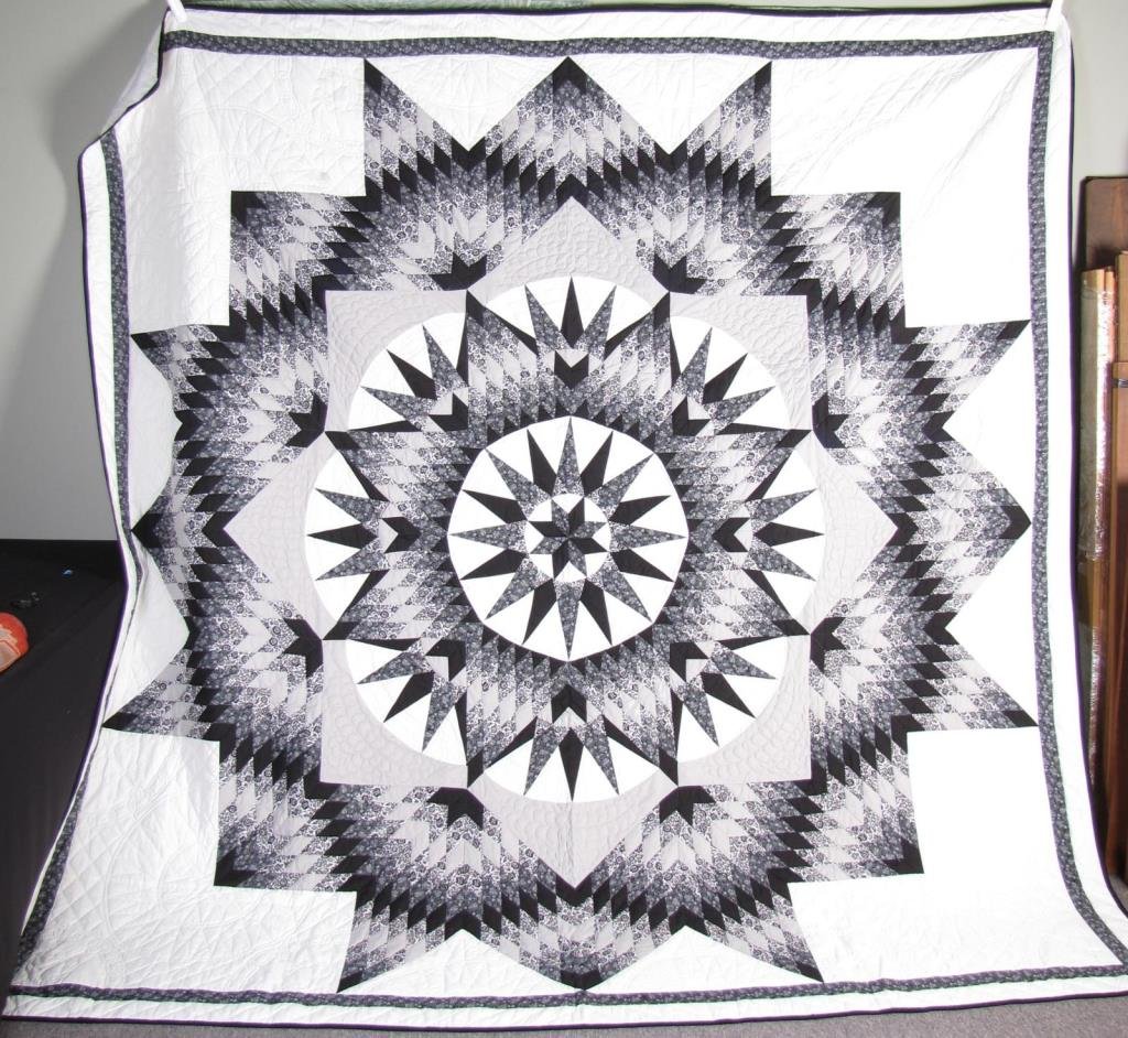 Contemporary Handmade Pattern Quilt: Contemporary Handmade Pattern Quilt, star/compass pattern, black and white, 106 x 106 inches