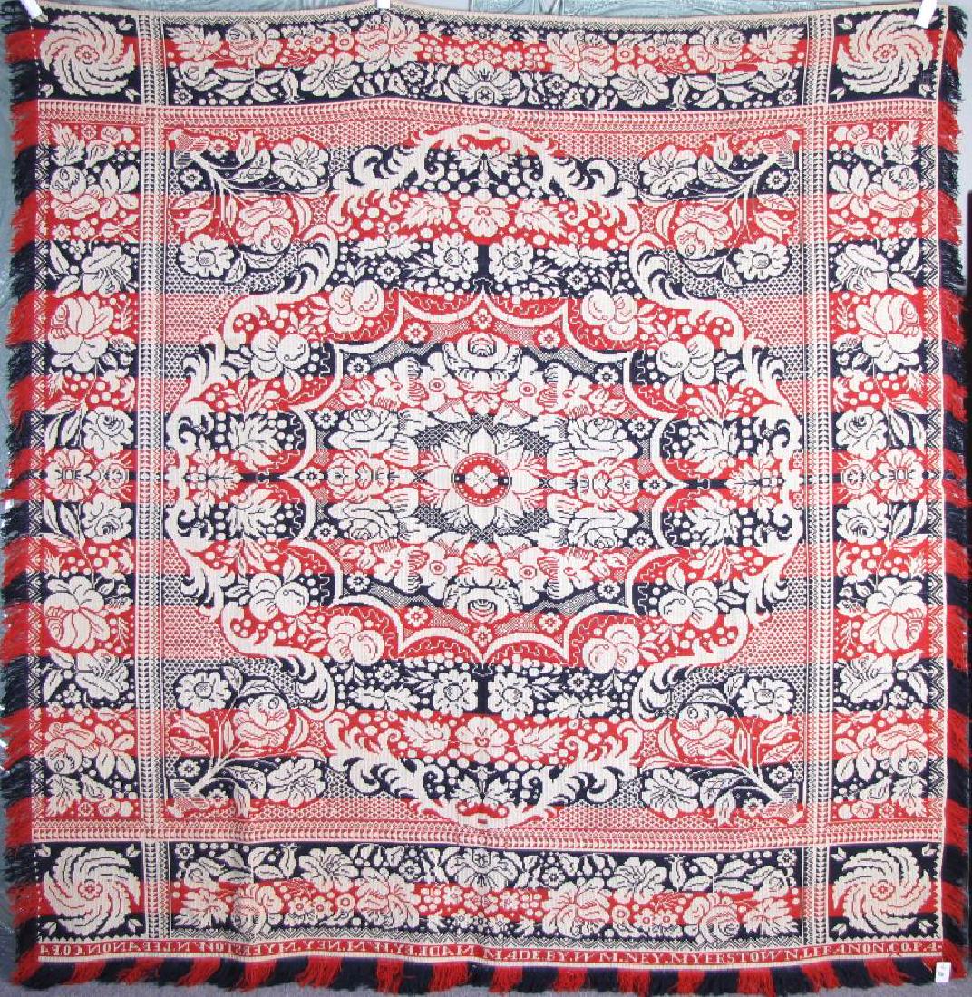 Antique Tri-Color Jacquard Coverlet, Wm Ney: Antique Tri-color jacquard coverlet, signed and inscribed on border, "Made by Wm Ney, Myerstown, Lebanon Co, PA", very nice condition, 80" x 83"
