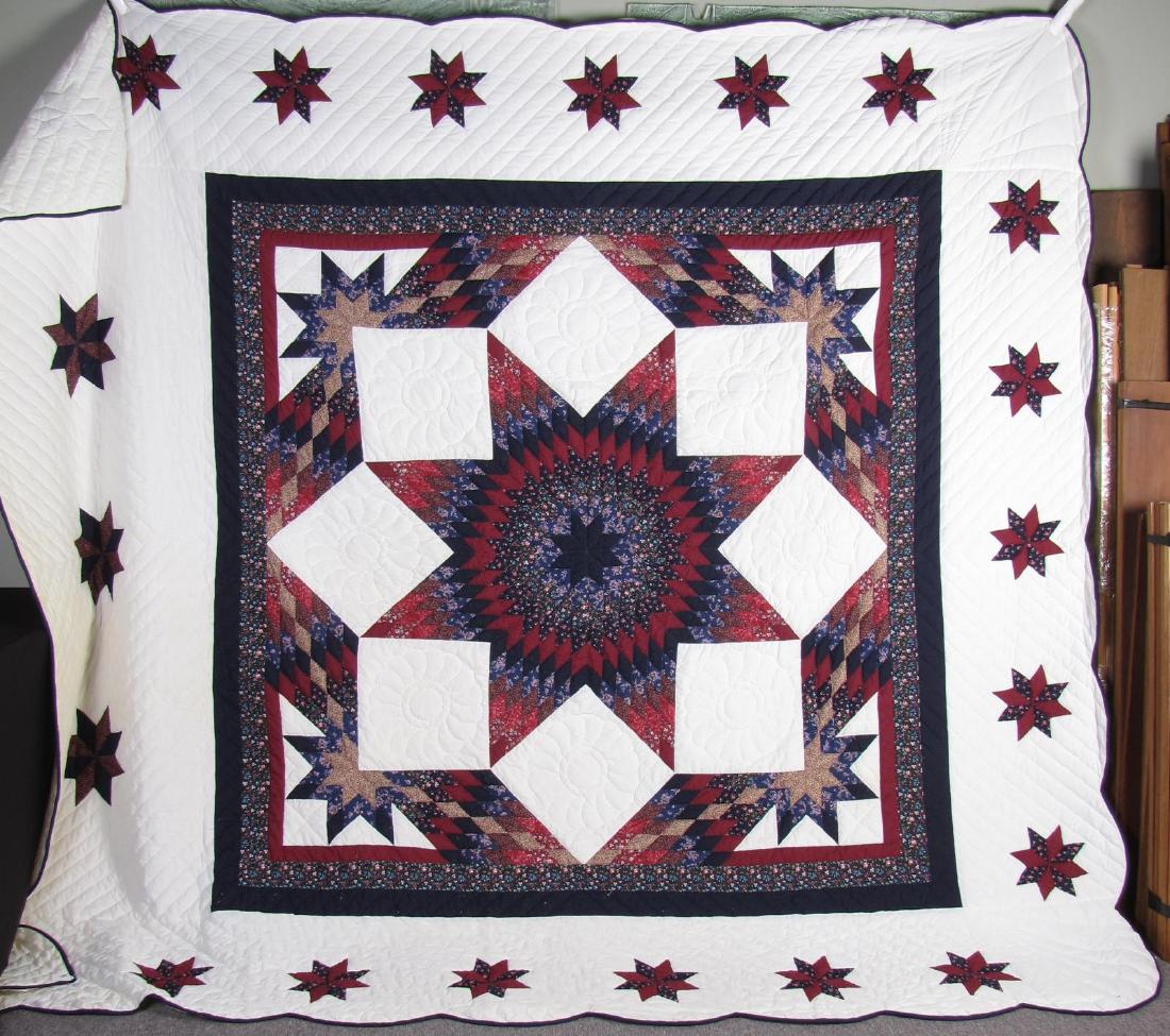 Contemporary Handmade Pattern Quilt: Contemporary Handmade Pattern Quilt, probably Amish, scalloped on two ends, star and block pattern, 114 x 103" (some discoloration)