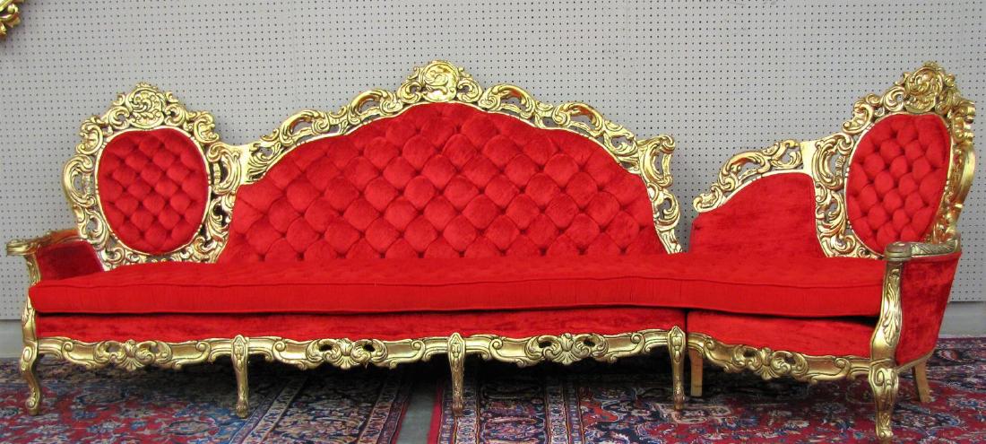 French Three Piece, Gold Leaf Parlour Suite: A French parlour suite, red upholstery with gold leaf carved frames, including a large sofa with Recamier on one end, and including two bergeres, with loose cushion seats (chair upholstery is slightly