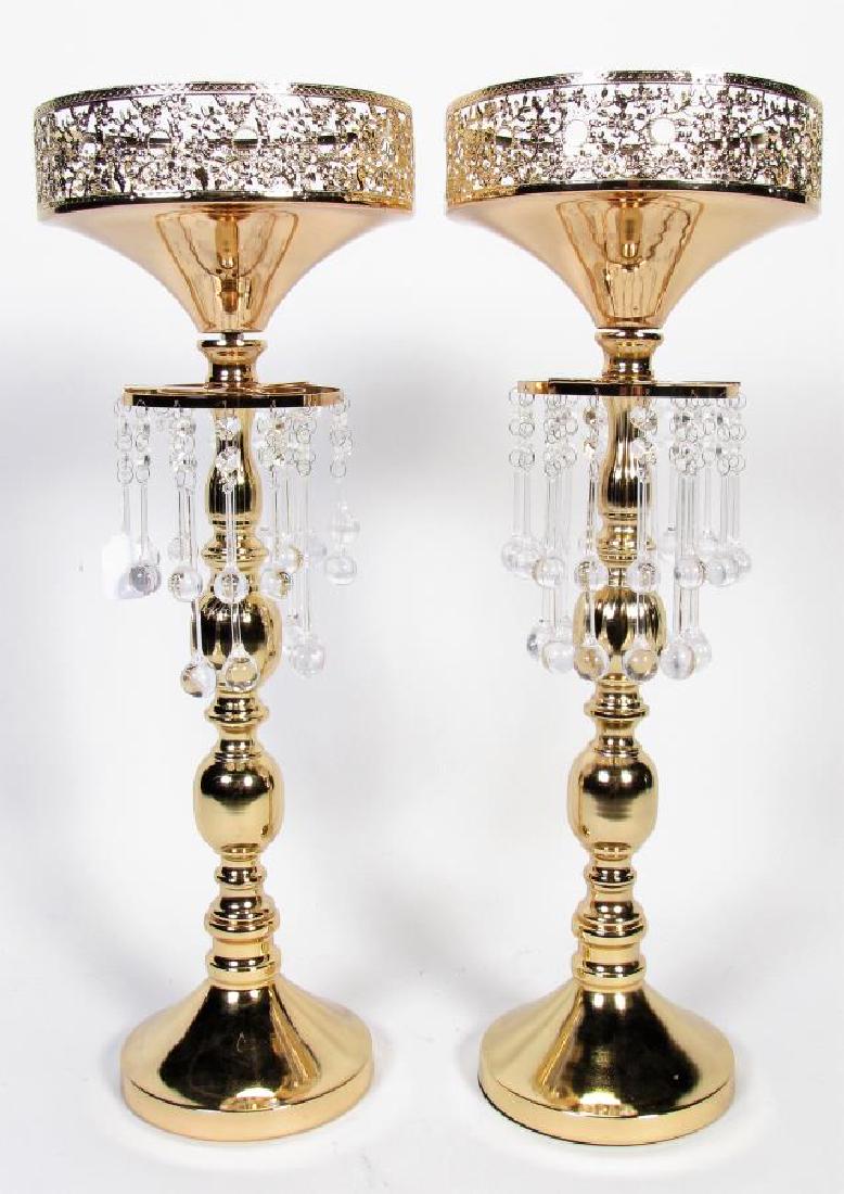 Cast Metal Epergne: A cast metal epergne with polished brass finish, pierced floral top, plastic ball drop prisms, 10" diameter, 27" high