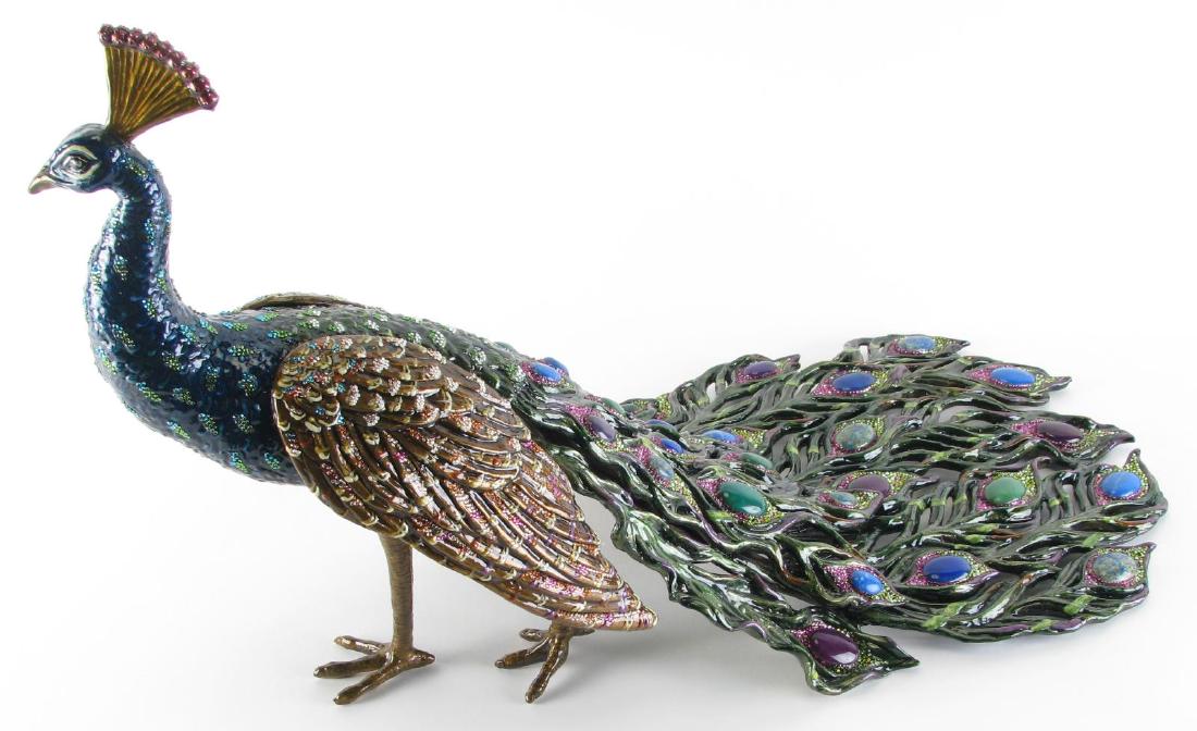 Jay Strongwater Theseus Grand Peacock Figurine: Jay Strongwater Theseus Grand Peacock Figurine, With more than 3,200 Swarovski® crystals in shades of amethyst, blue zircon, and topaz, the Theseus Grand Peacock Figurine is brilliantly ablaze in all